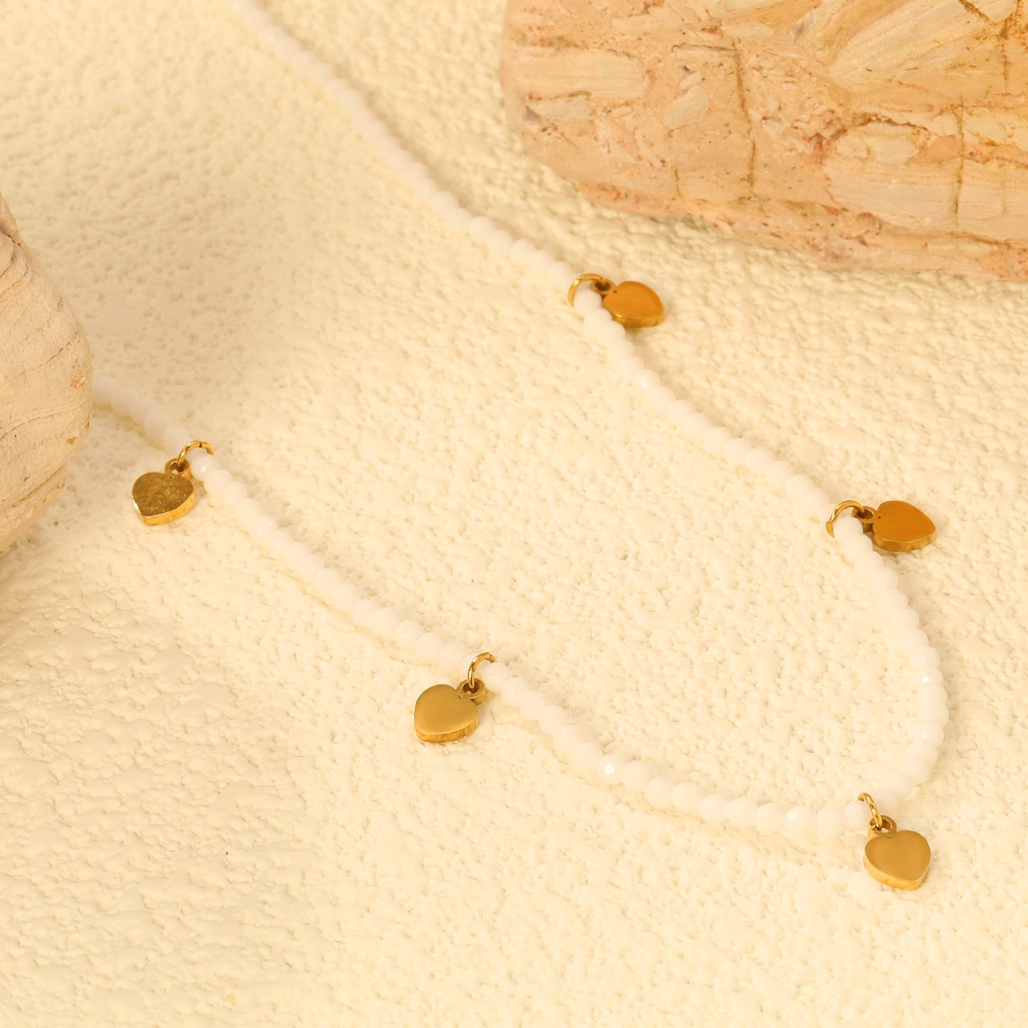 4.5*6mm Peach Heart Accessories +2mm White/Mineral Black Beads Necklace 40+5cm+6mm Round Plaque Gold Color asonjewelry