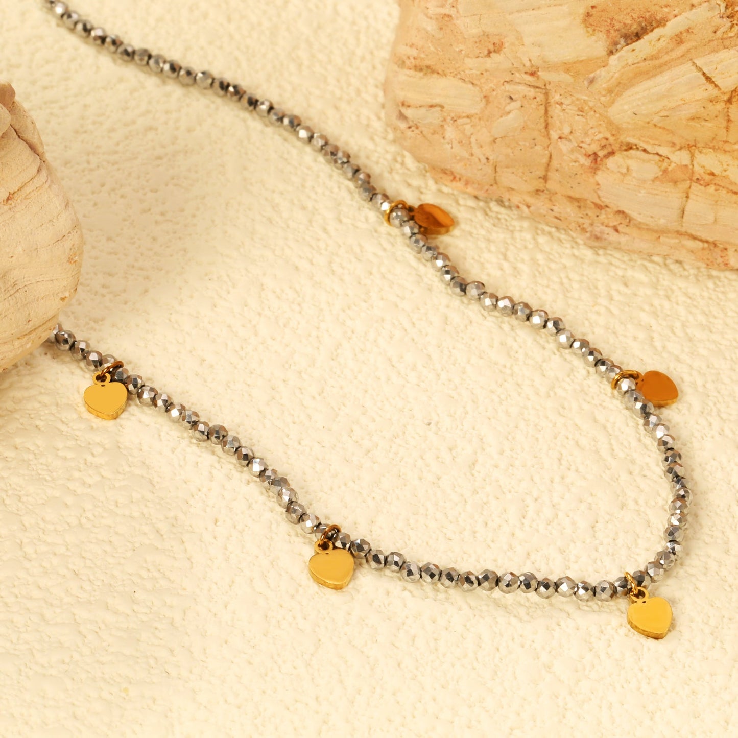 4.5*6mm Peach Heart Accessories +2mm White/Mineral Black Beads Necklace 40+5cm+6mm Round Plaque Gold Color asonjewelry