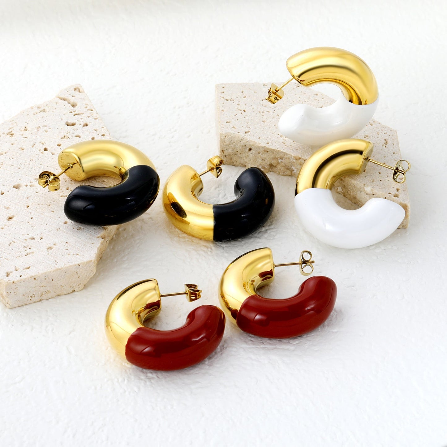 10.3*31.2mm C-shaped earrings with white/black/red oil drops Gold color asonjewelry