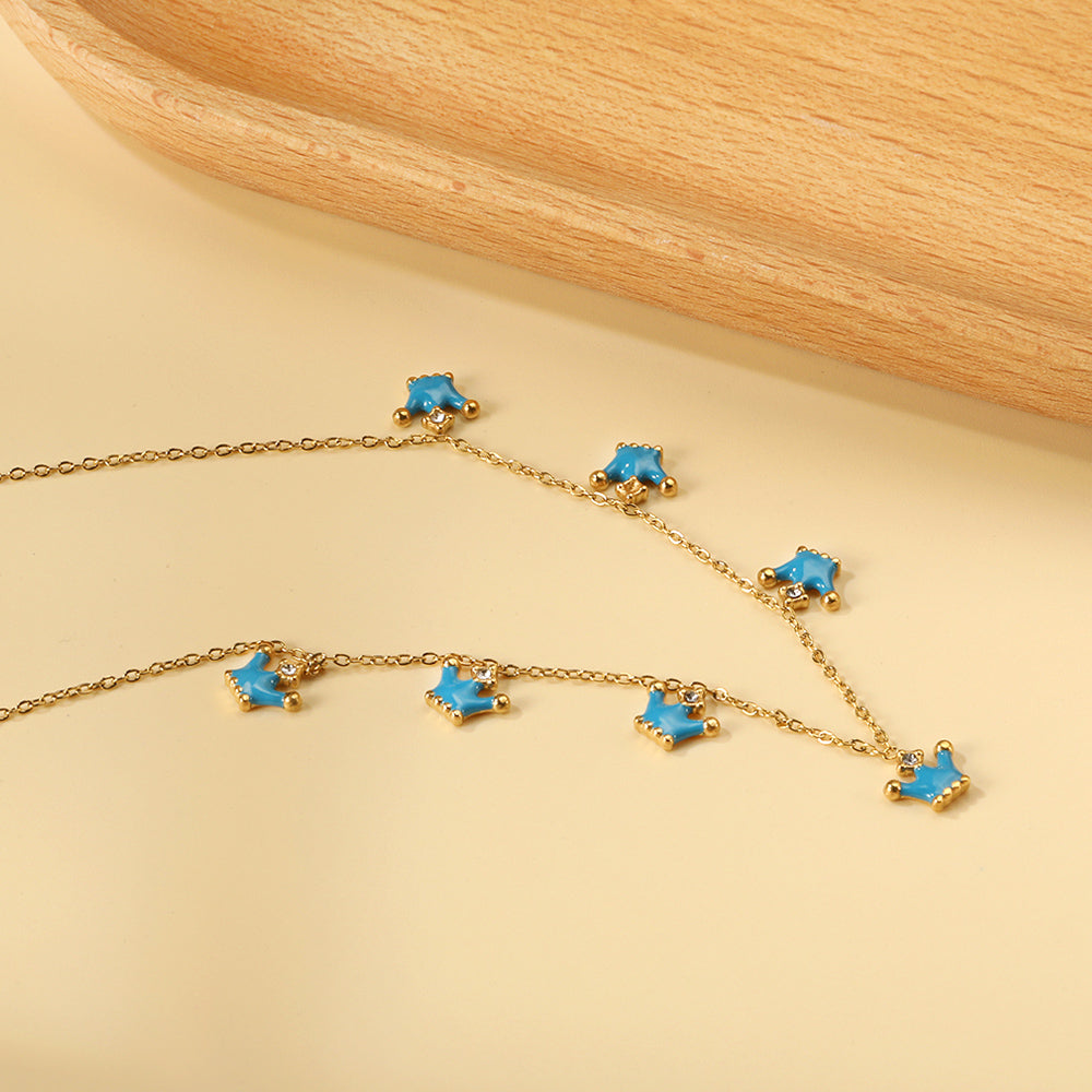 7 Blue Drops Oil Crown Pendant with Diamond Necklace 40+5cm asonjewelry