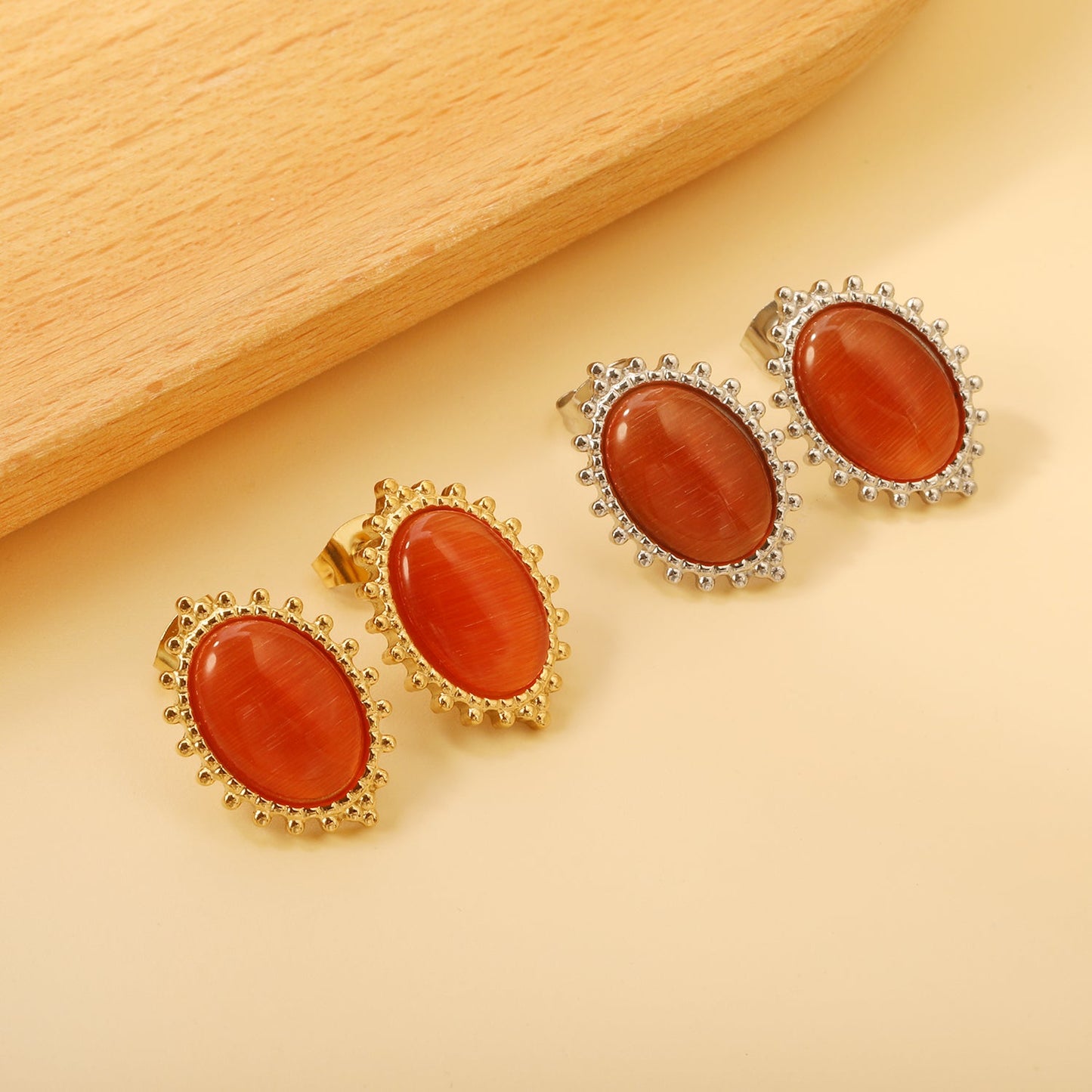 Loose Bead Edge Oval with White / Black / Red / Green Cat's Eye Stones Earrings 14.8*21mm asonjewelry