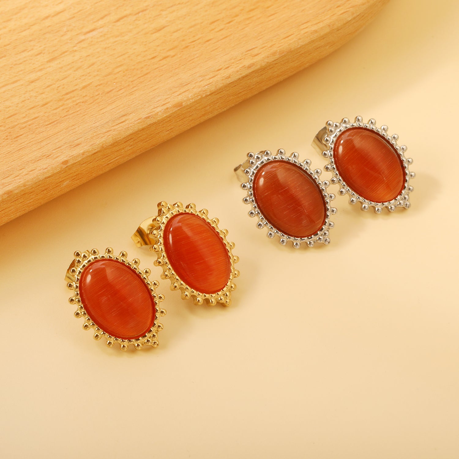 Loose Bead Edge Oval with White / Black / Red / Green Cat's Eye Stones Earrings 14.8*21mm asonjewelry