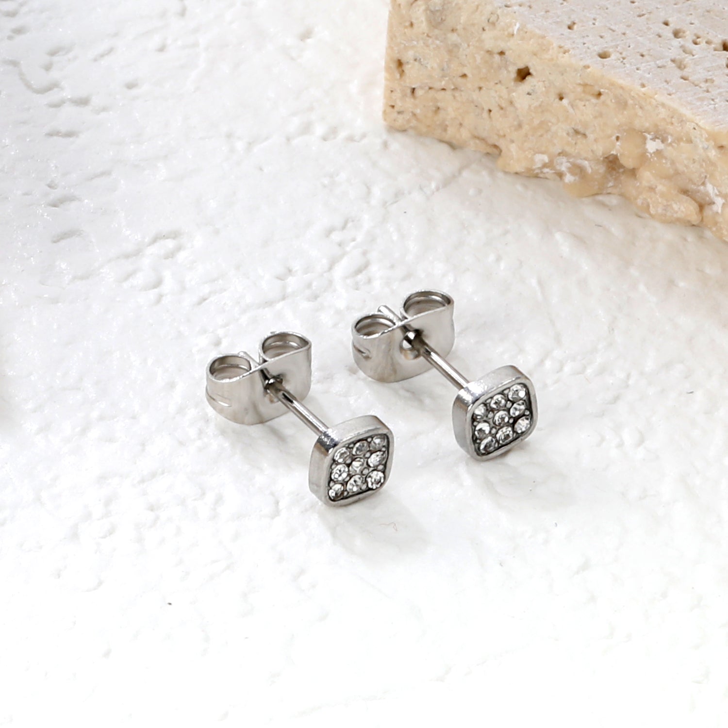 3PCS 5mm Geometric plain pin earrings with white diamonds steel color/golden color asonjewelry