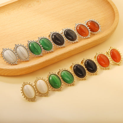 Loose Bead Edge Oval with White / Black / Red / Green Cat's Eye Stones Earrings 14.8*21mm asonjewelry
