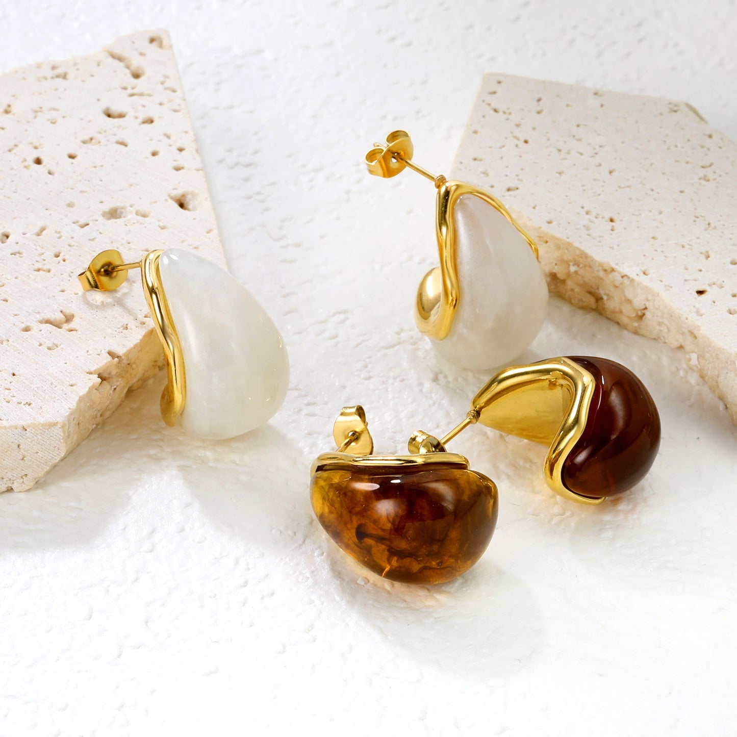 15.2*23.5mm semi-curved teardrop white/amber resin stud earrings gold color asonjewelry