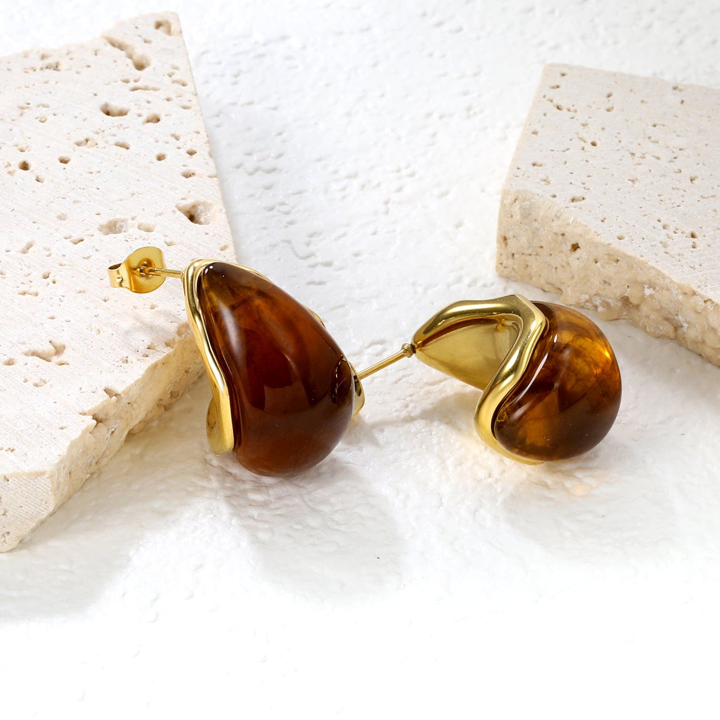 15.2*23.5mm semi-curved teardrop white/amber resin stud earrings gold color asonjewelry