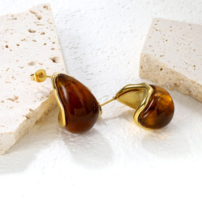 15.2*23.5mm semi-curved teardrop white/amber resin stud earrings gold color asonjewelry