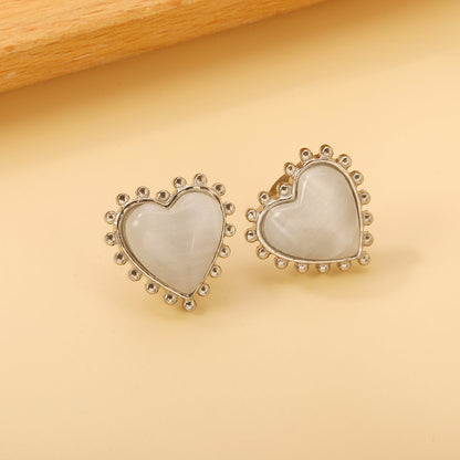 Loose Bead Edge Heart with White / Black / Red / Green Cat's Eye Stones Earrings 17.8*17.5mm asonjewelry