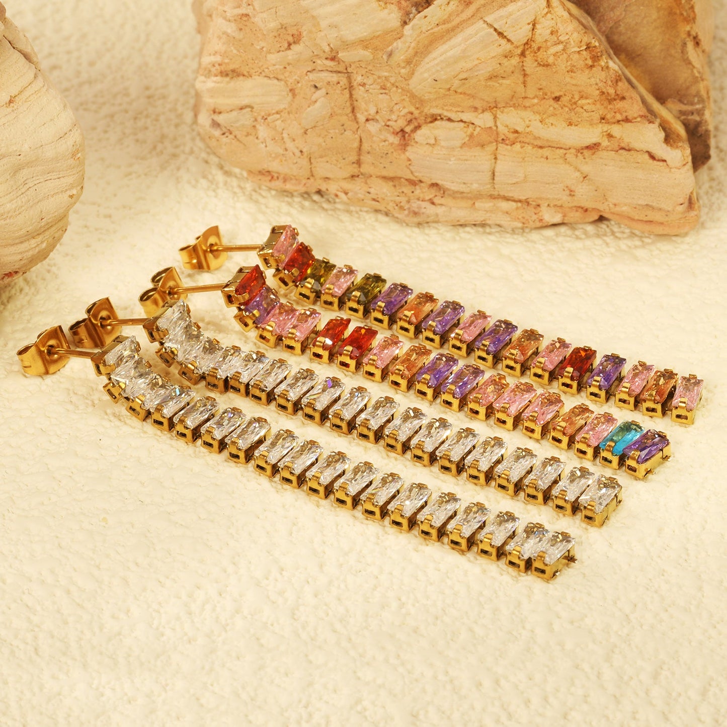 Earrings 5.83mm rectangle white/mixed color diamonds 5.5cm gold/steel color asonjewelry