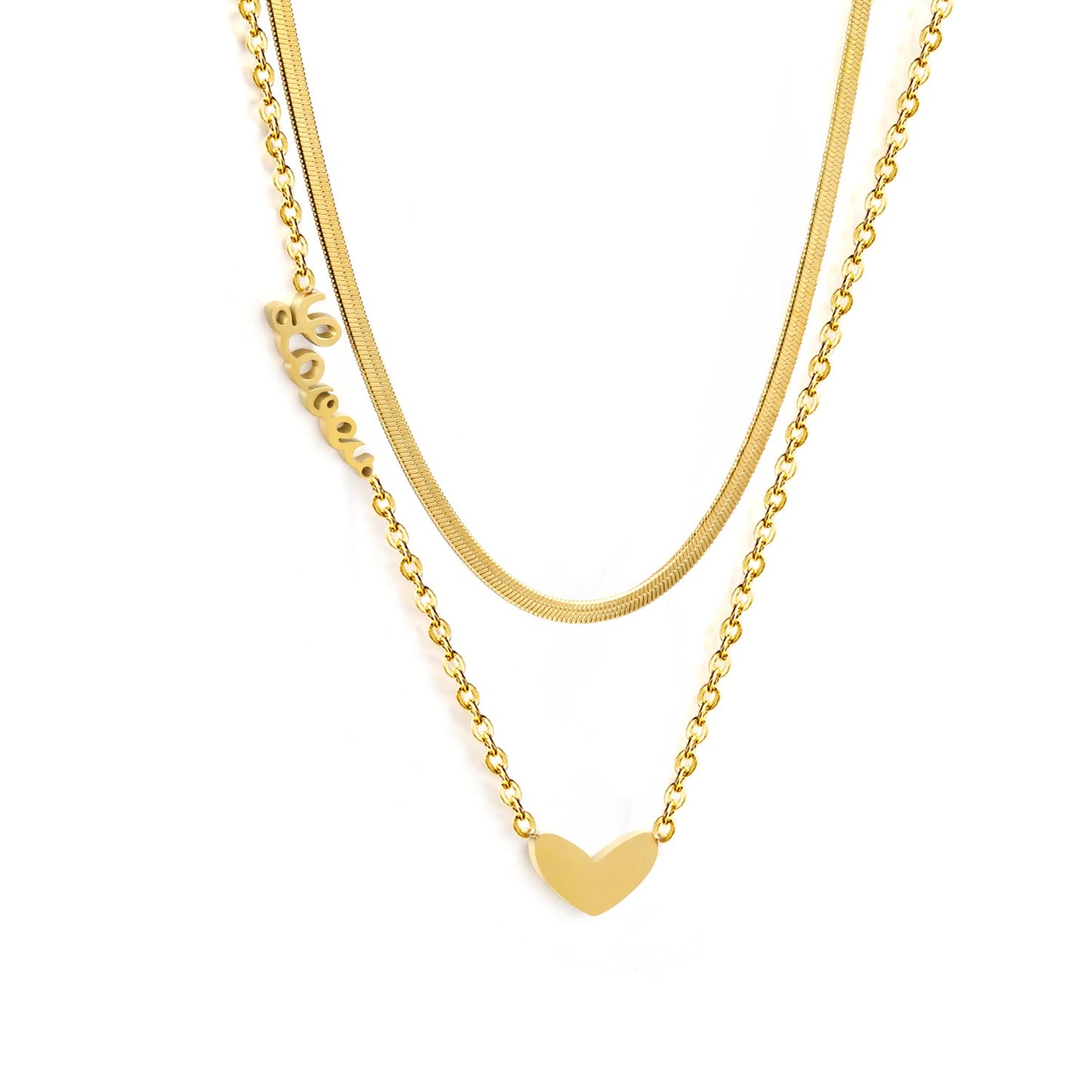 Heart 11*7mm+love engraved 17*5mm pendant with chain double chain necklace 41+45+5cm gold color asonjewelry