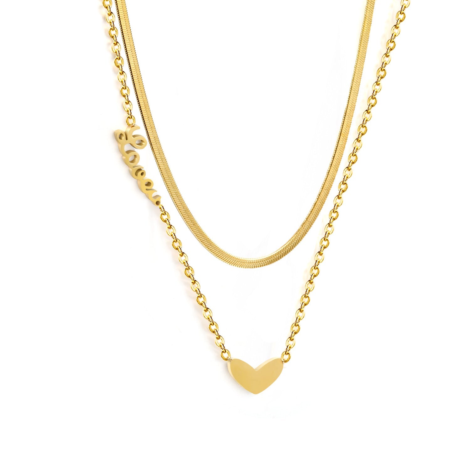 Heart 11*7mm+love engraved 17*5mm pendant with chain double chain necklace 41+45+5cm gold color asonjewelry