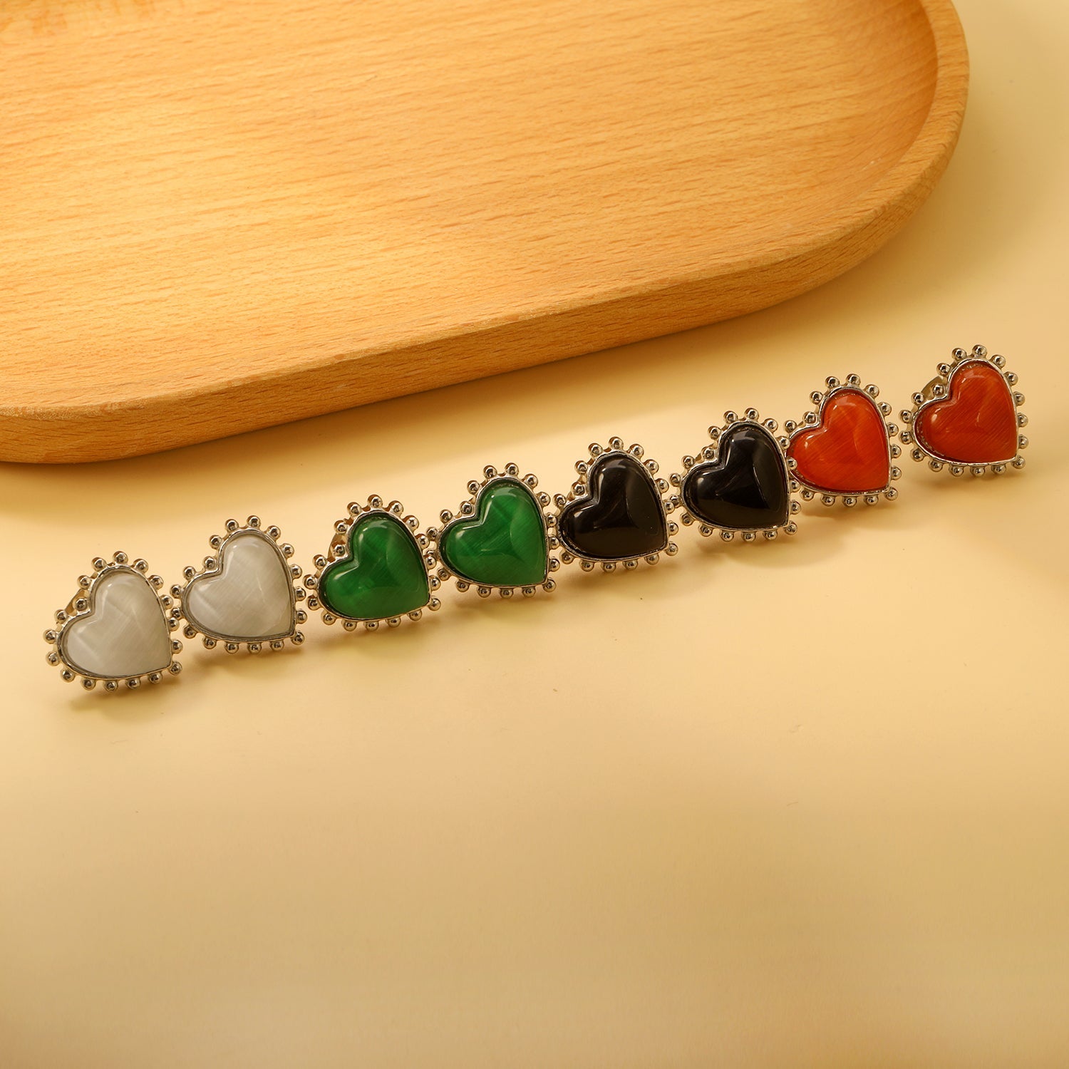 Loose Bead Edge Heart with White / Black / Red / Green Cat's Eye Stones Earrings 17.8*17.5mm asonjewelry