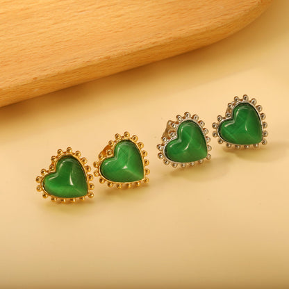 Loose Bead Edge Heart with White / Black / Red / Green Cat's Eye Stones Earrings 17.8*17.5mm asonjewelry