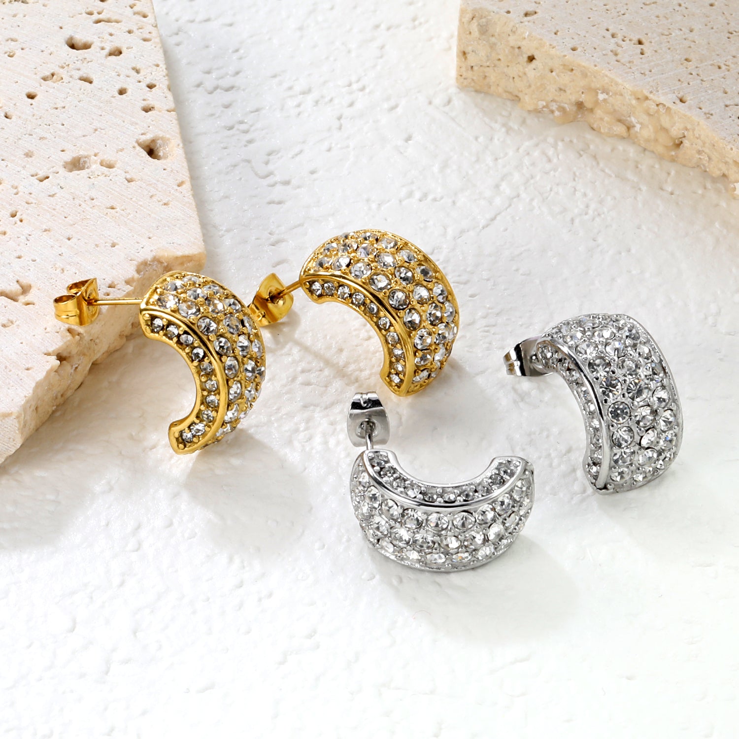 10.2*18.4mm C-shaped with white/emerald diamonds earrings steel color/golden color asonjewelry