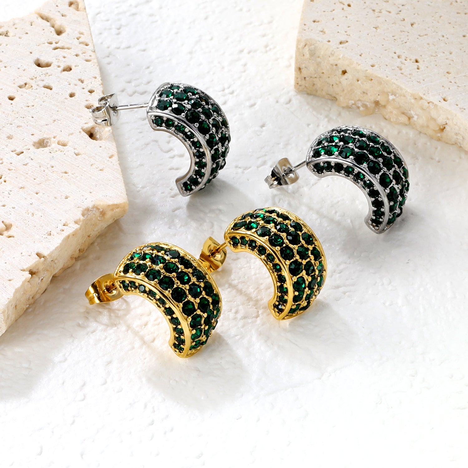 10.2*18.4mm C-shaped with white/emerald diamonds earrings steel color/golden color asonjewelry