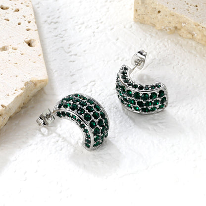 10.2*18.4mm C-shaped with white/emerald diamonds earrings steel color/golden color asonjewelry