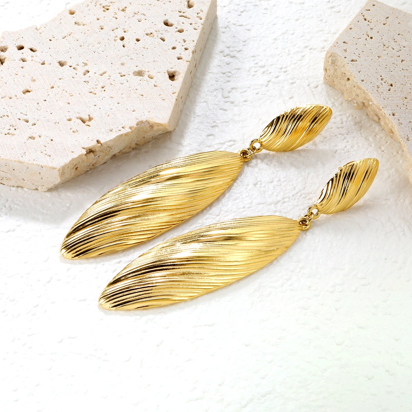 10.3*20.3mm+17.6*56.2mm large and small leaf shaped texture pendant earrings gold color asonjewelry