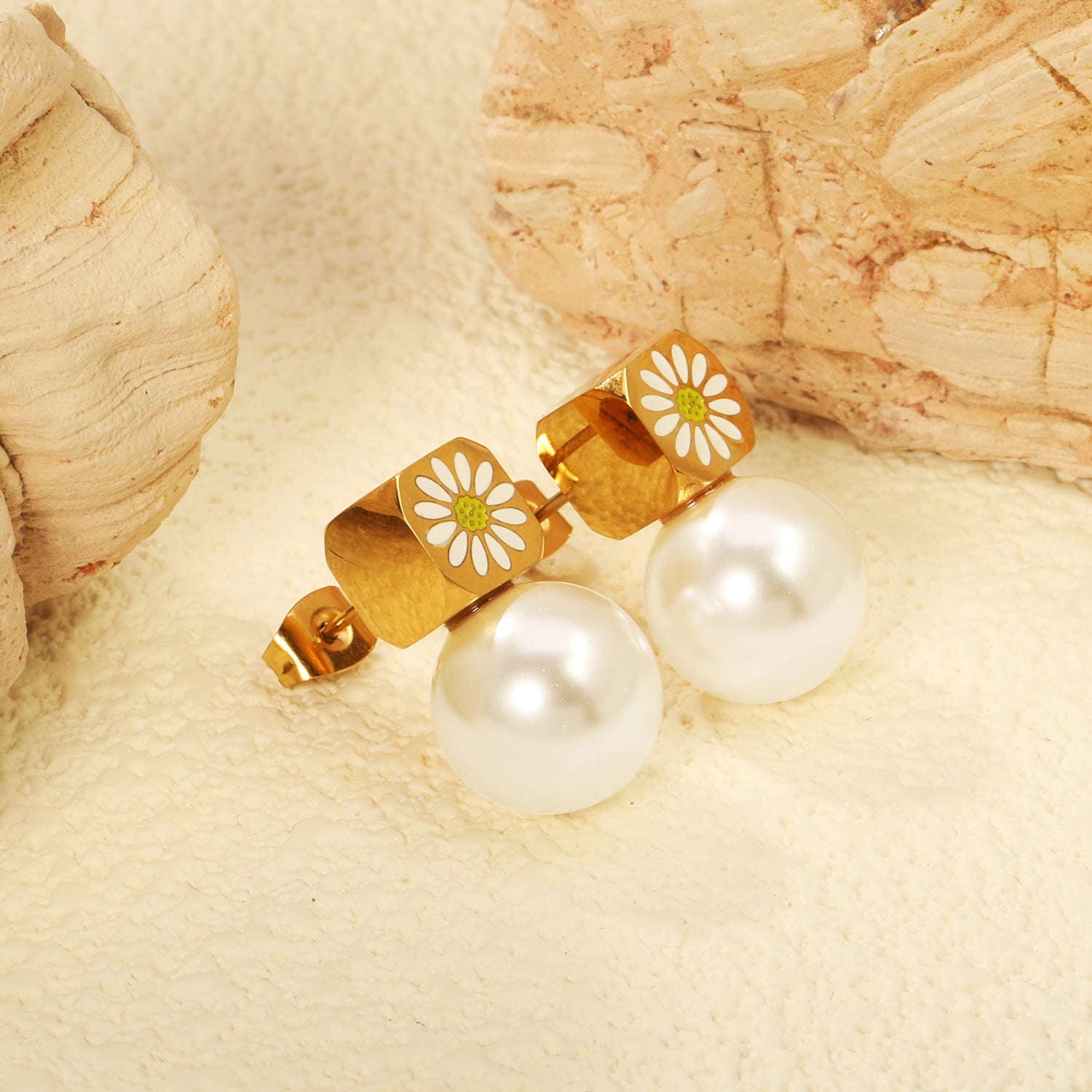 8mm square with white oil drop daisy + 12mm pearl stud earrings gold color asonjewelry