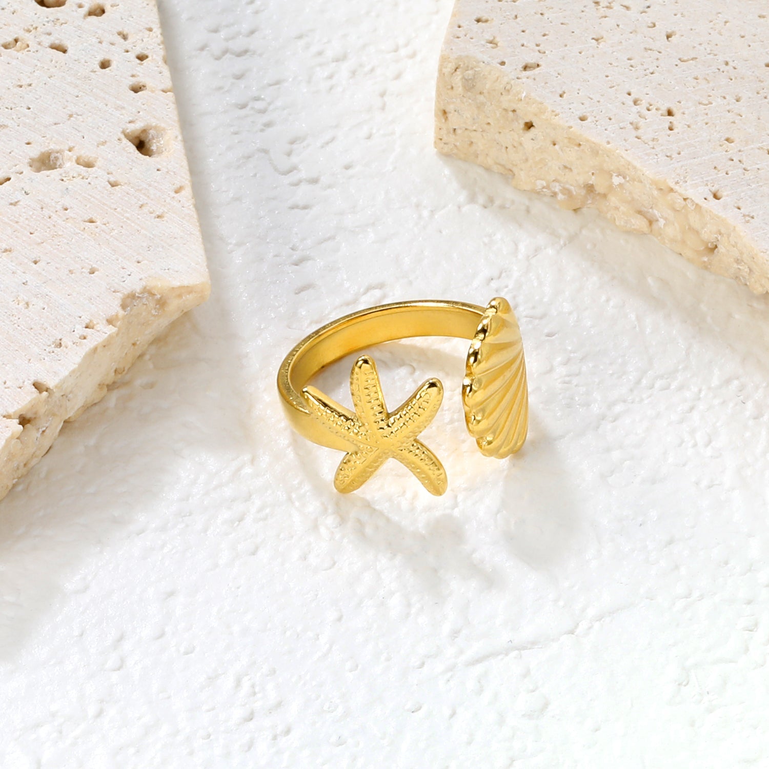 2-Piece Gold Ocean Ring Set: Starfish, Shell & Double Starfish Designs asonjewelry