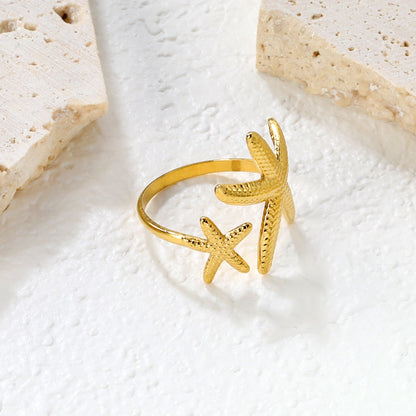 2-Piece Gold Ocean Ring Set: Starfish, Shell & Double Starfish Designs asonjewelry