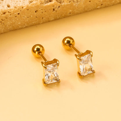 Steel ball screw-in rectangular earrings with white diamonds 5.2*7.2mm asonjewelry
