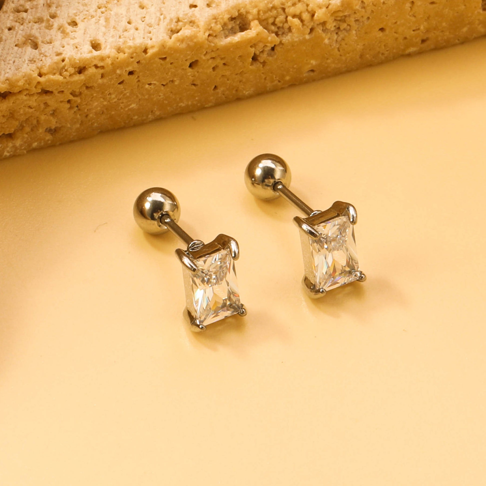 Steel ball screw-in rectangular earrings with white diamonds 5.2*7.2mm asonjewelry