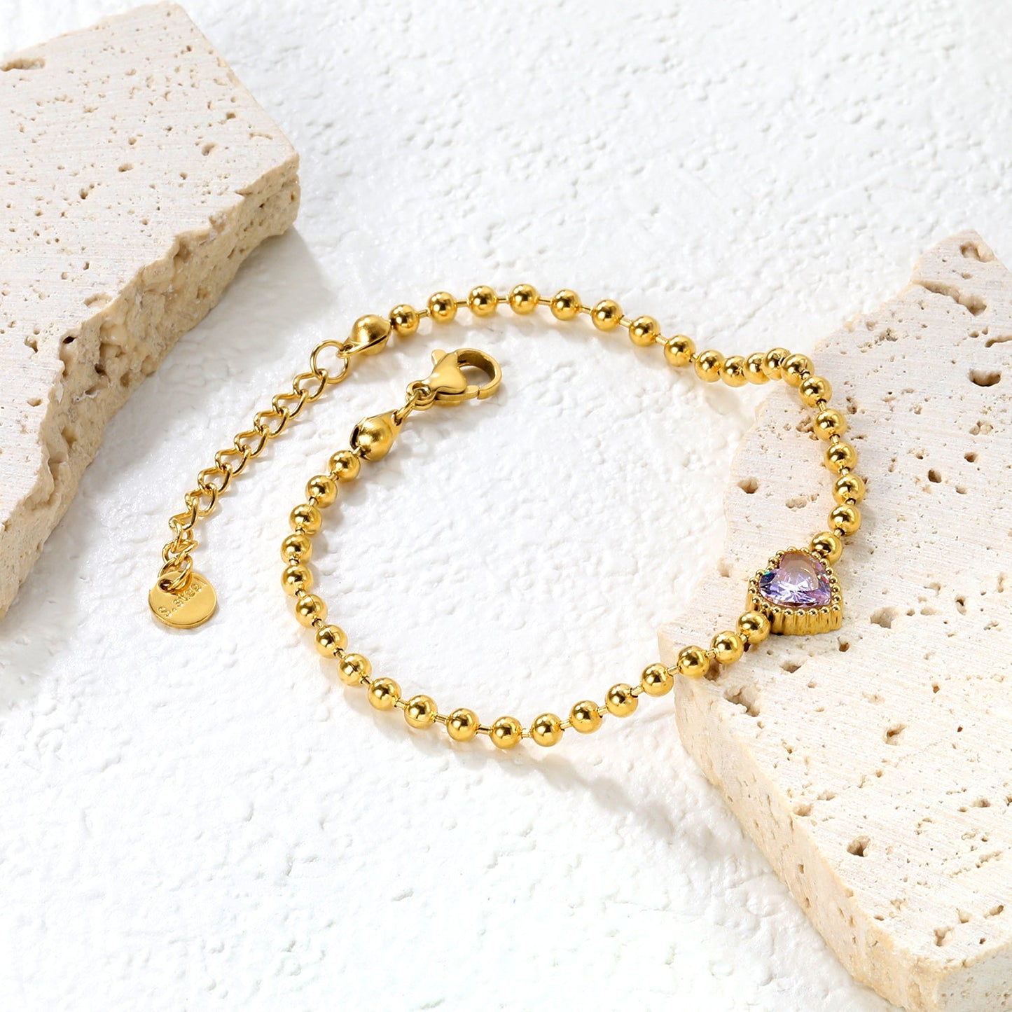 8.6*8.6mm white/light purple/pomegranate red zirconia 3mm bead chain 18+3cm+6mm round pendant bracelet asonjewelry