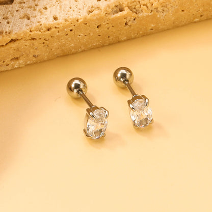 Steel ball screw-in oval earrings with white diamonds 4*6mm asonjewelry