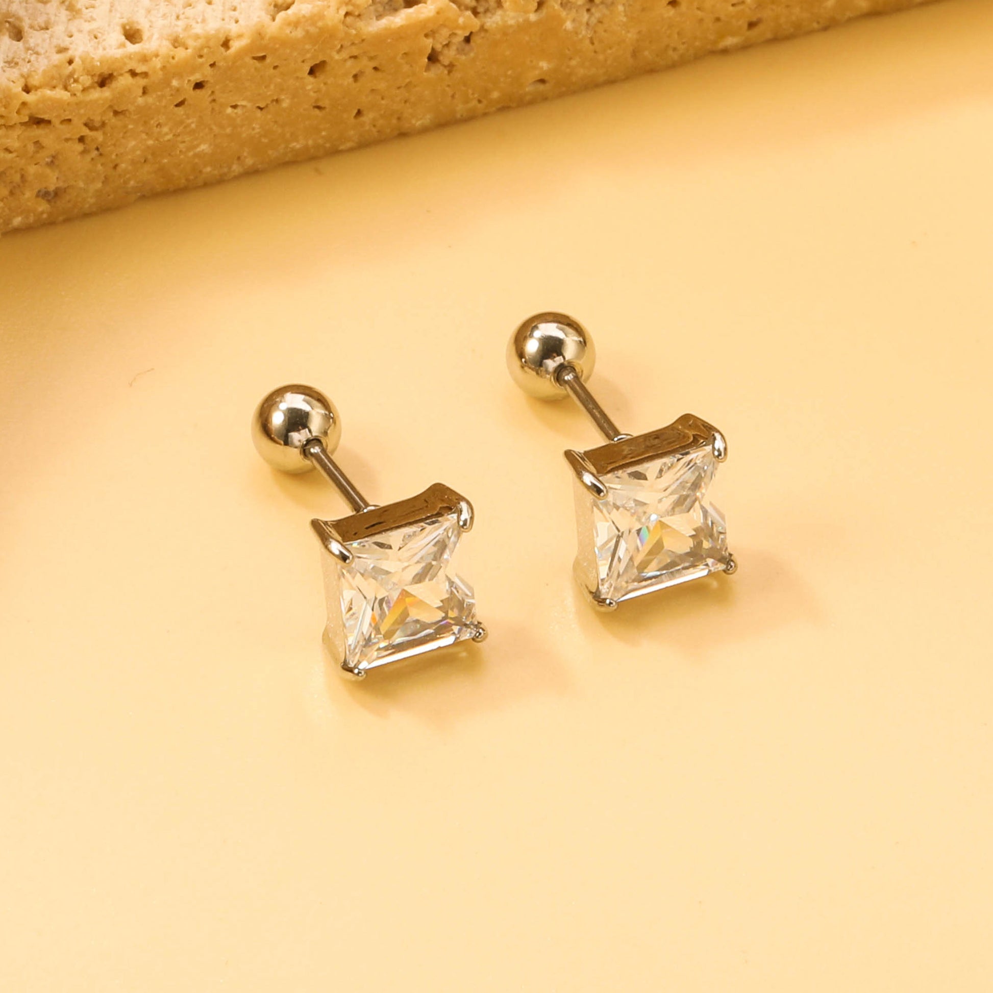 Steel Bead Screwback Square Stud Earrings with White Diamonds 6.9mm asonjewelry