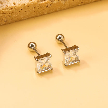 Steel Bead Screwback Square Stud Earrings with White Diamonds 6.9mm asonjewelry