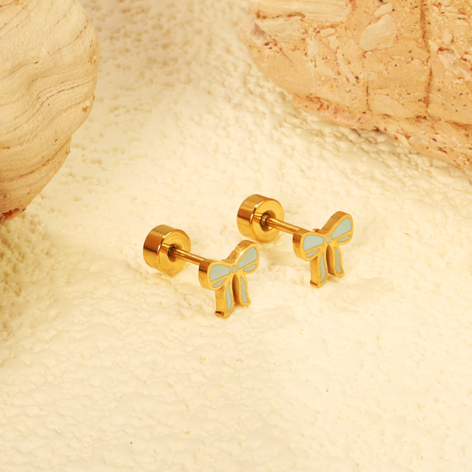Screw plug 0.8*8mm pin bow with blue drop earrings 6.3*5.6mm gold color asonjewelry