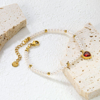 8.5 x 8.8mm beaded heart-shaped pendant with white/black/red/pink/green zirconia stones, 3.2mm white pearl beads + 3mm small steel beads, 18+3cm + 6mm round pendant, gold-colored bracelet asonjewelry