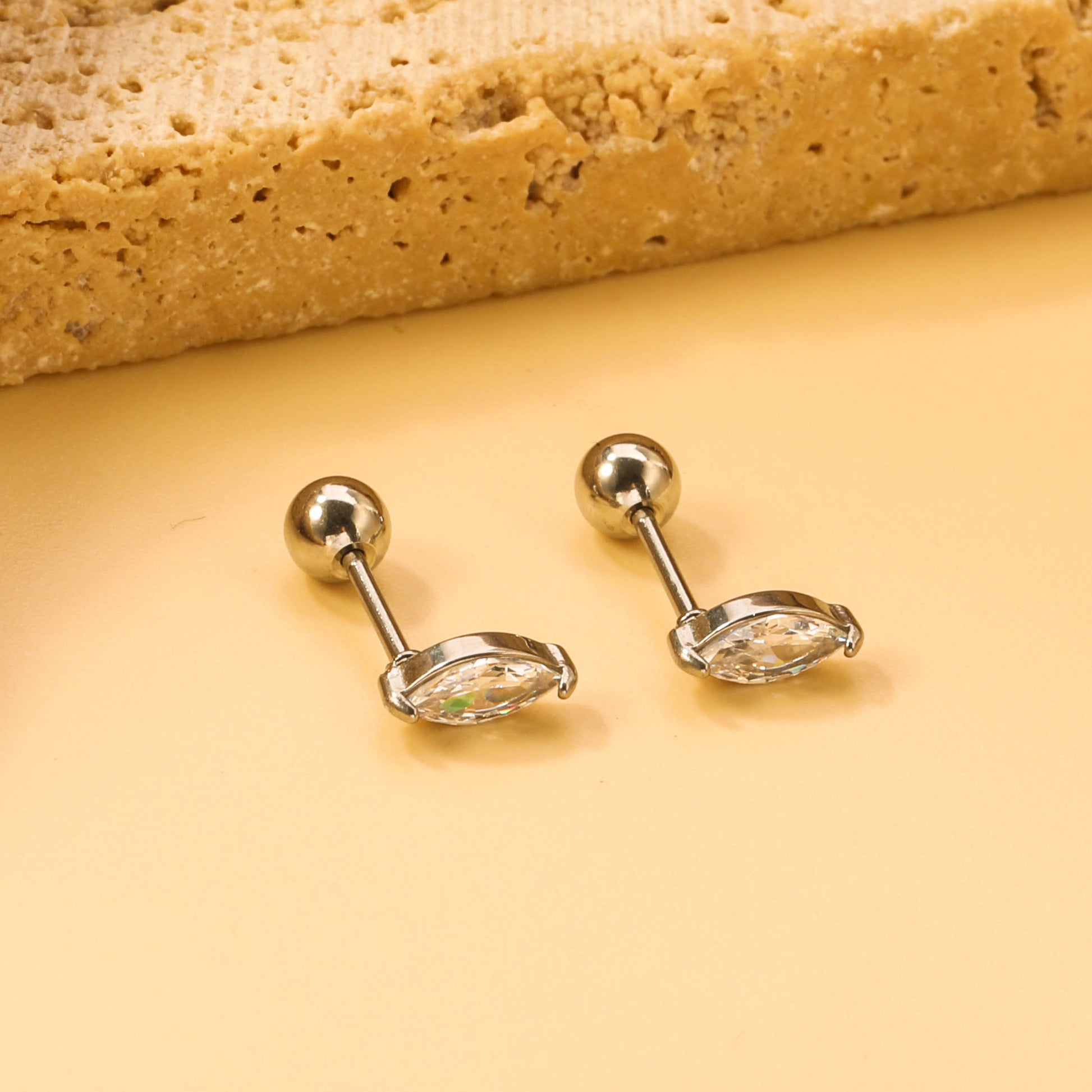 Steel Beads Screwback Horse Eye Earrings with White Diamonds 3.3*7.3mm asonjewelry