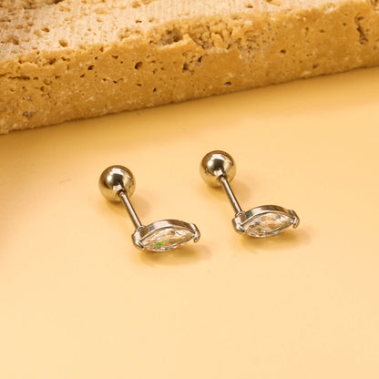 Steel Beads Screwback Horse Eye Earrings with White Diamonds 3.3*7.3mm asonjewelry