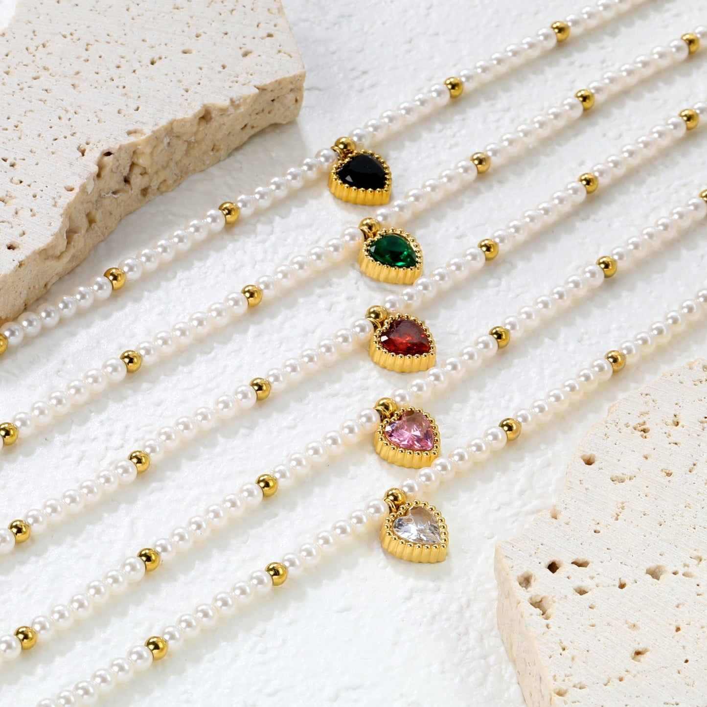 8.5 x 8.8mm beaded heart-shaped pendant with white/black/red/pink/green zirconia stones, 3.2mm white pearl beads + 3mm small steel beads, 18+3cm + 6mm round pendant, gold-colored bracelet asonjewelry