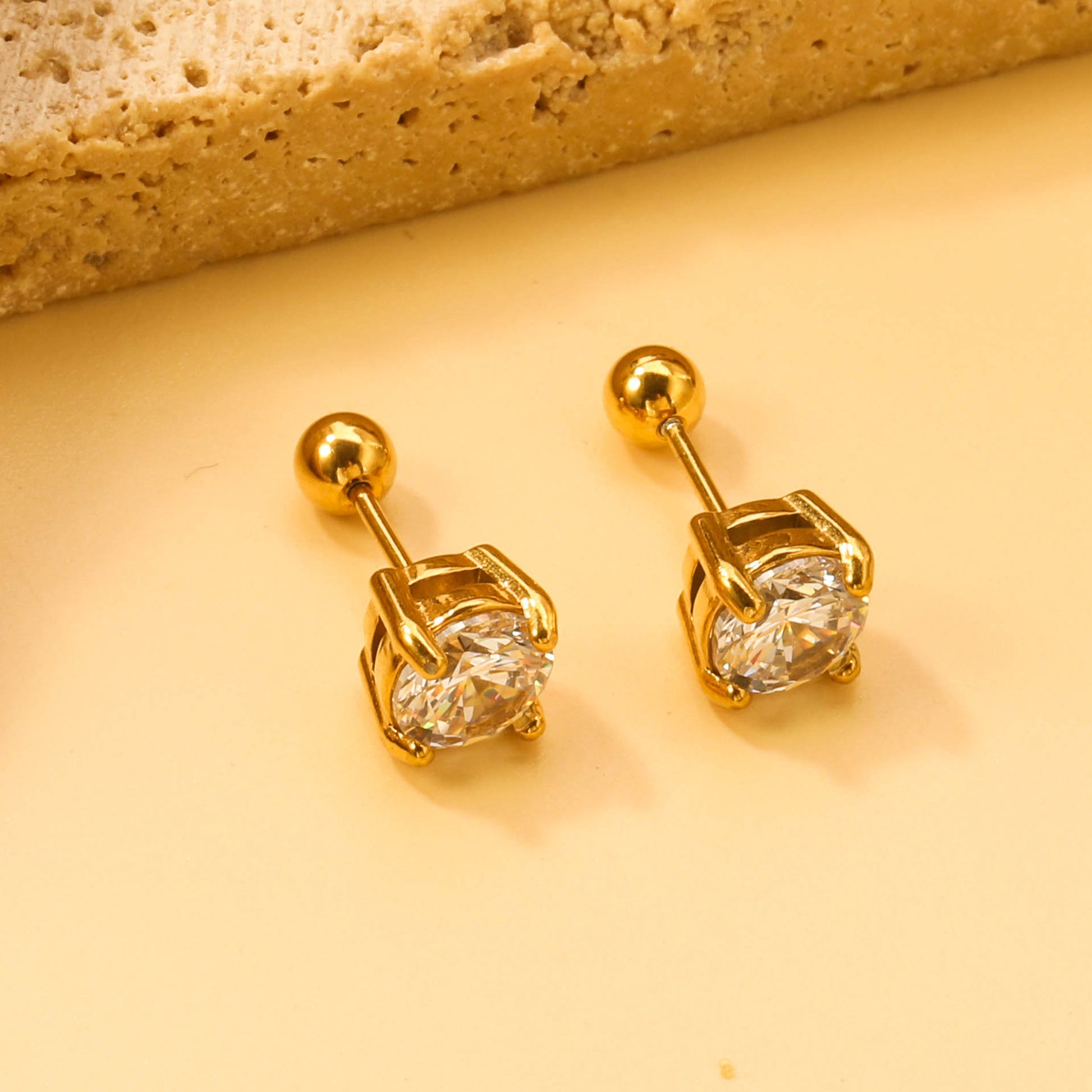 Steel Bead Screwback Round Earrings with White Diamonds 6.9mm asonjewelry