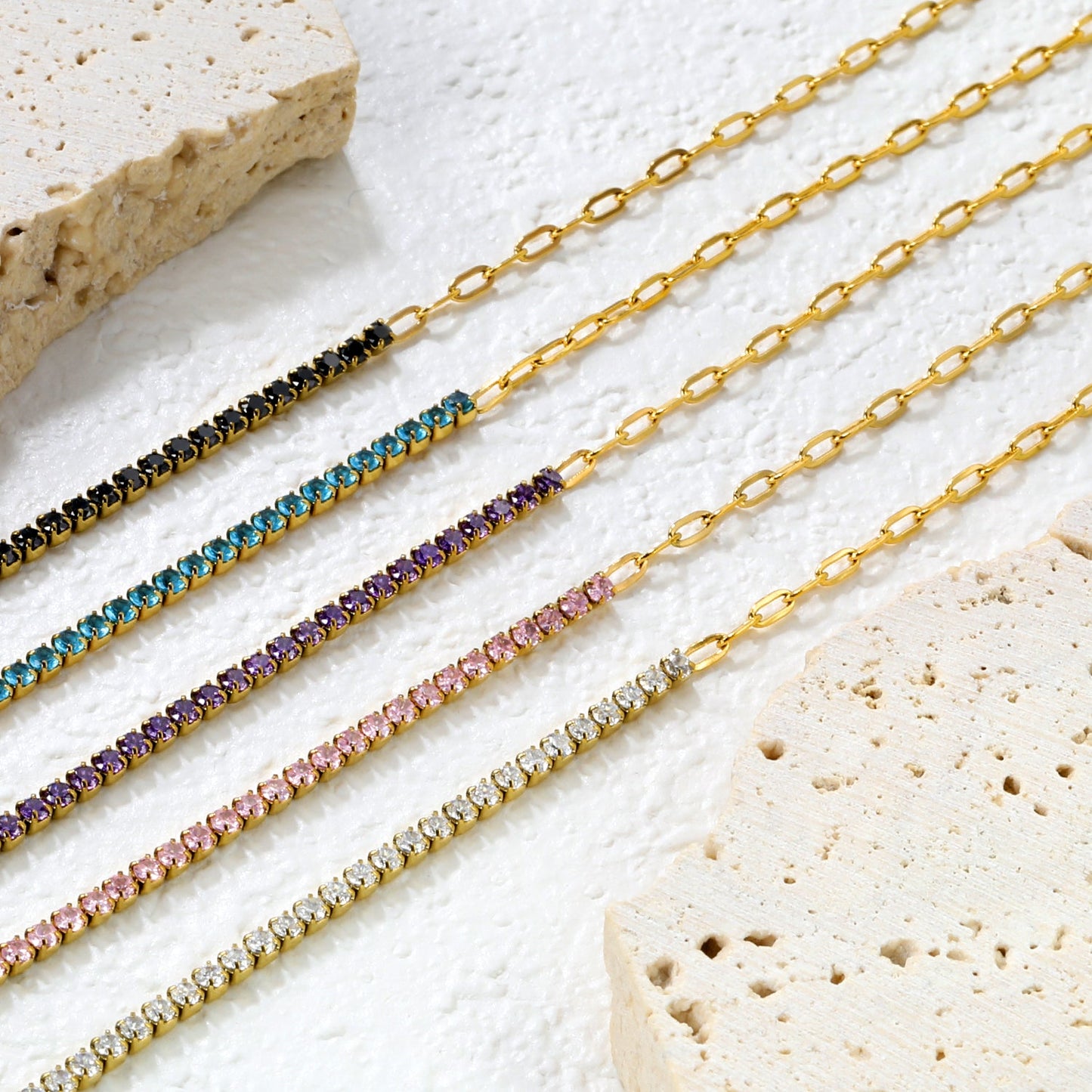 2mm white/black/purple/pink/light blue four-prong round zirconia 18+3cm+6mm round pendant bracelet, gold asonjewelry