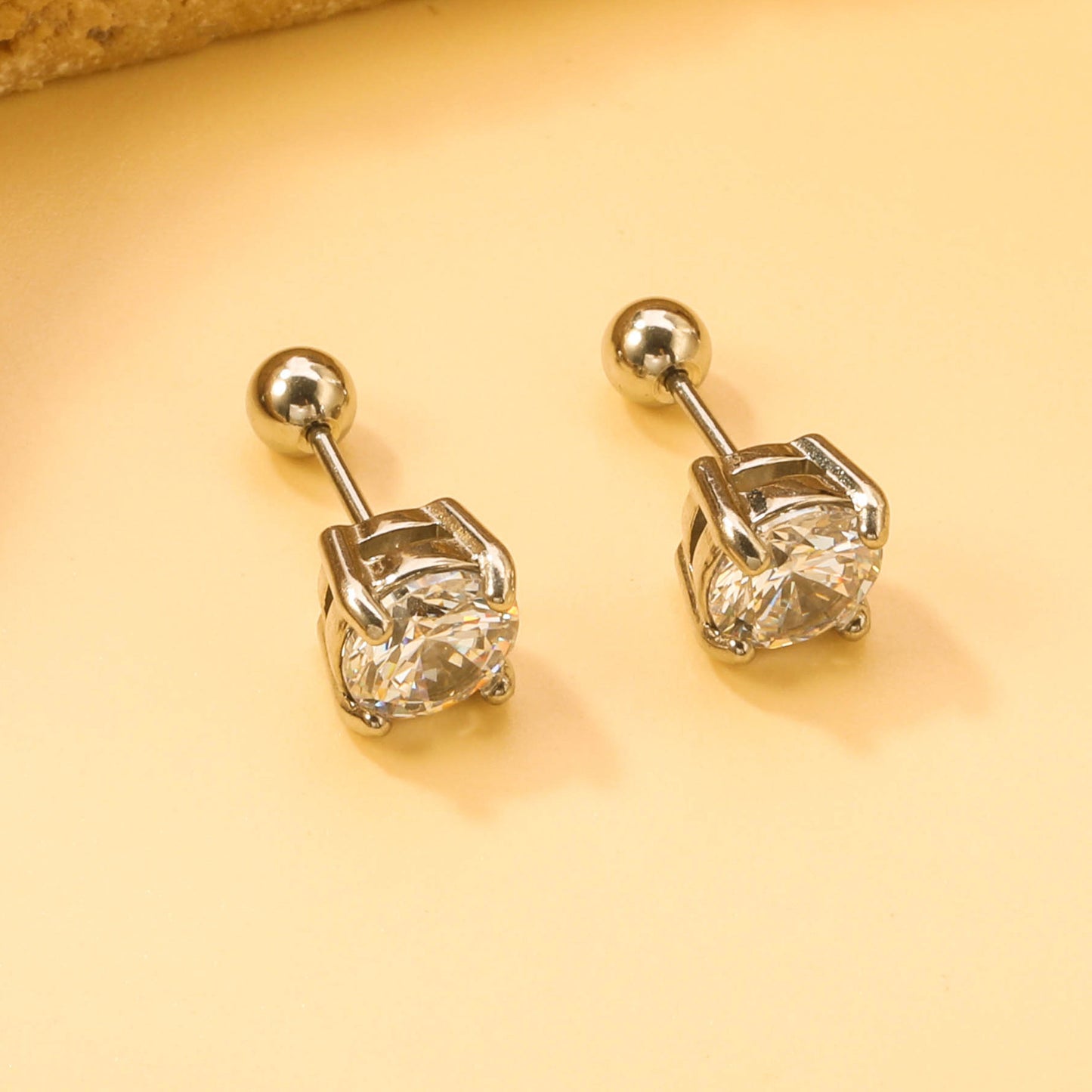 Steel Bead Screwback Round Earrings with White Diamonds 6.9mm asonjewelry