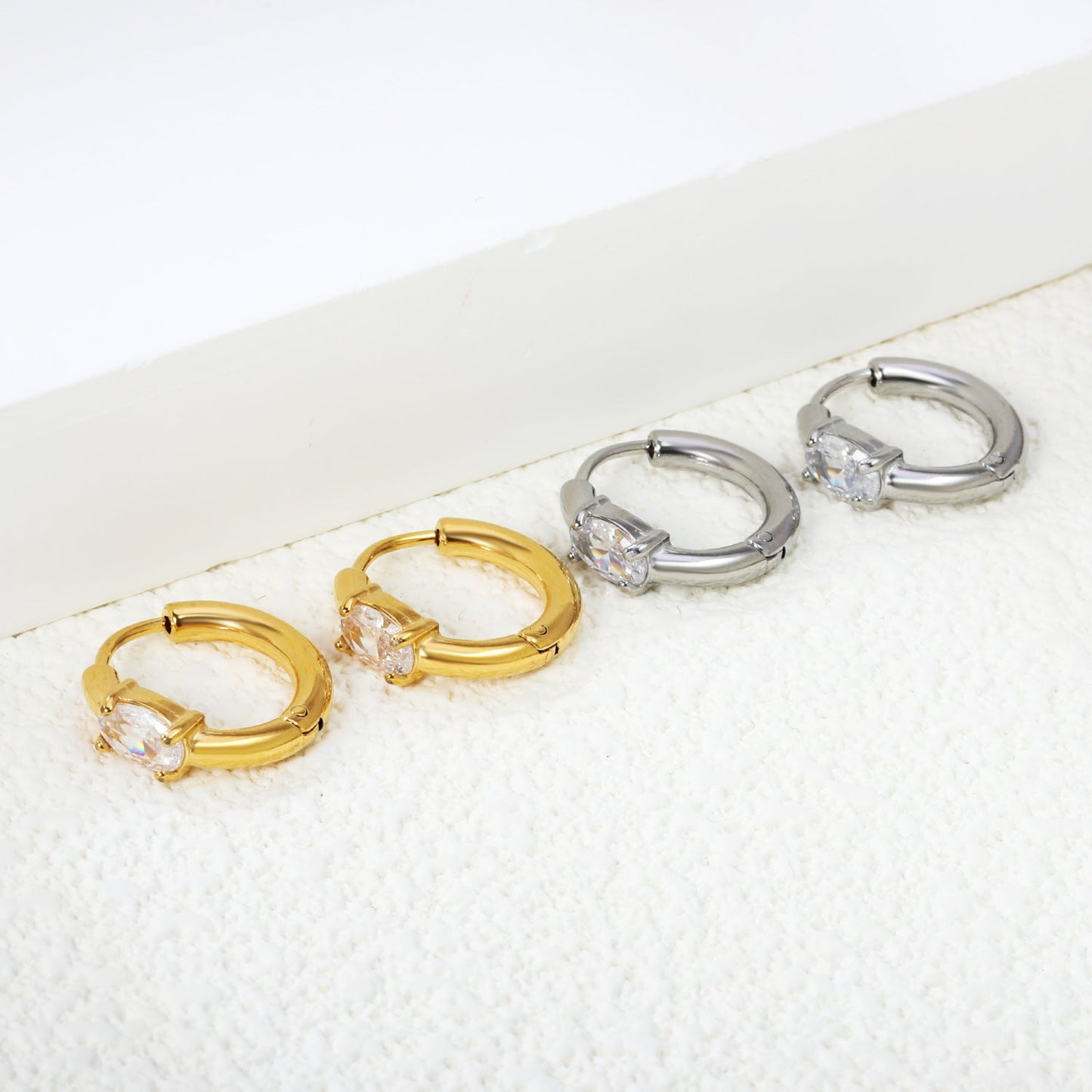 4.5*6.7mm Oval Four Claw White Zirconia Ear Clips 2.5*I.D. 11mm Steel Gold asonjewelry