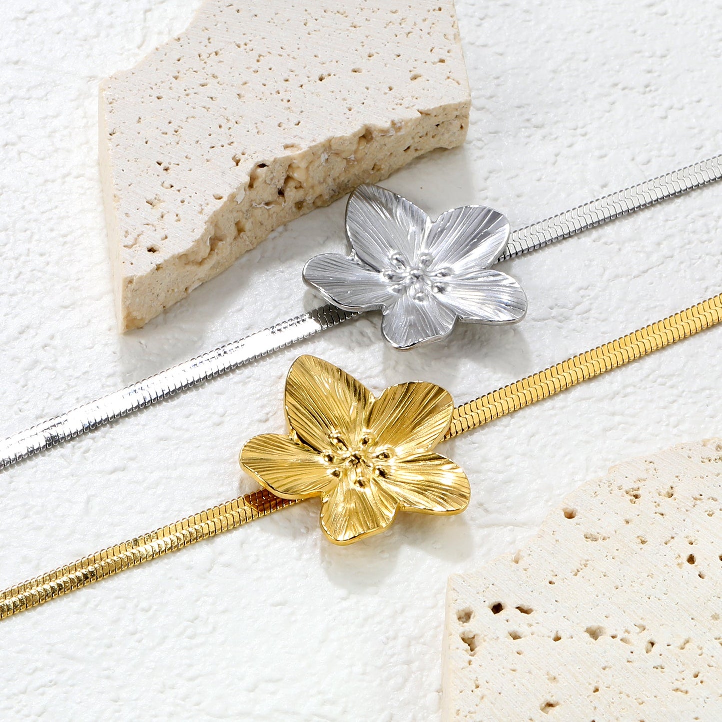 30.2 x 32.4 mm large flower pendant 4 mm snake chain 17 + 5 cm bracelet Steel color/gold color asonjewelry