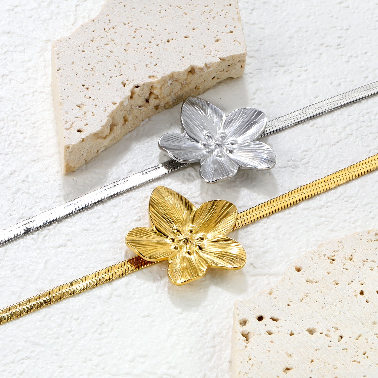 30.2 x 32.4 mm large flower pendant 4 mm snake chain 17 + 5 cm bracelet Steel color/gold color asonjewelry