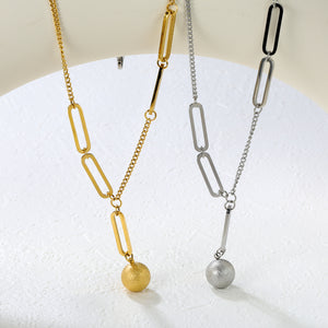 1mm paperclip * 10mm sand bead pendant 0.45mm side paperclip chain 40+5cm + 6mm round tag necklace Steel color/gold color