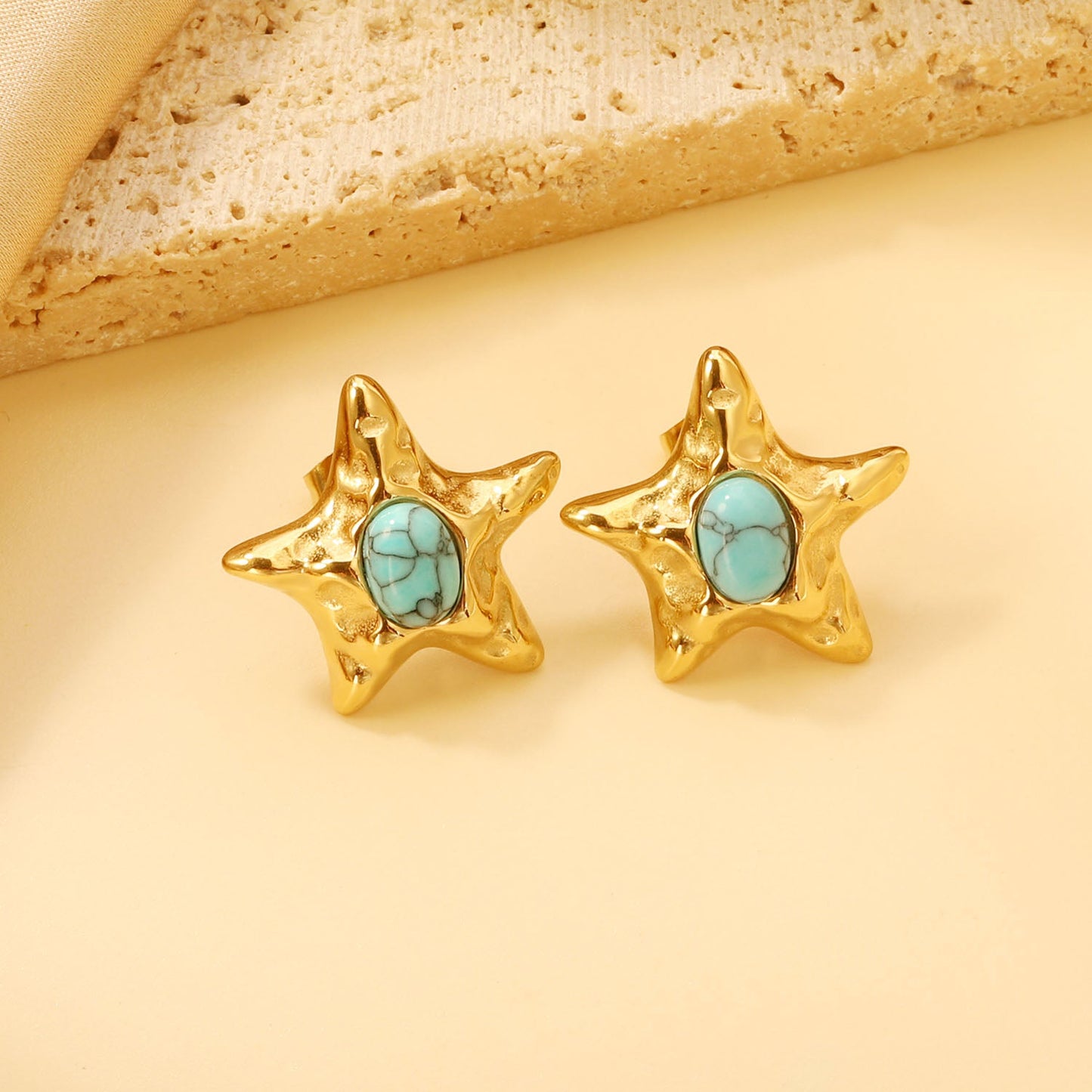 Starfish Pitted Faceted with Oval Blue Turquoise Earrings 21.7mm asonjewelry