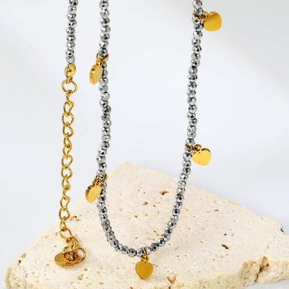 4.5*6mm Peach Heart Accessories +2mm White/Mineral Black Beads Necklace 40+5cm+6mm Round Plaque Gold Color asonjewelry