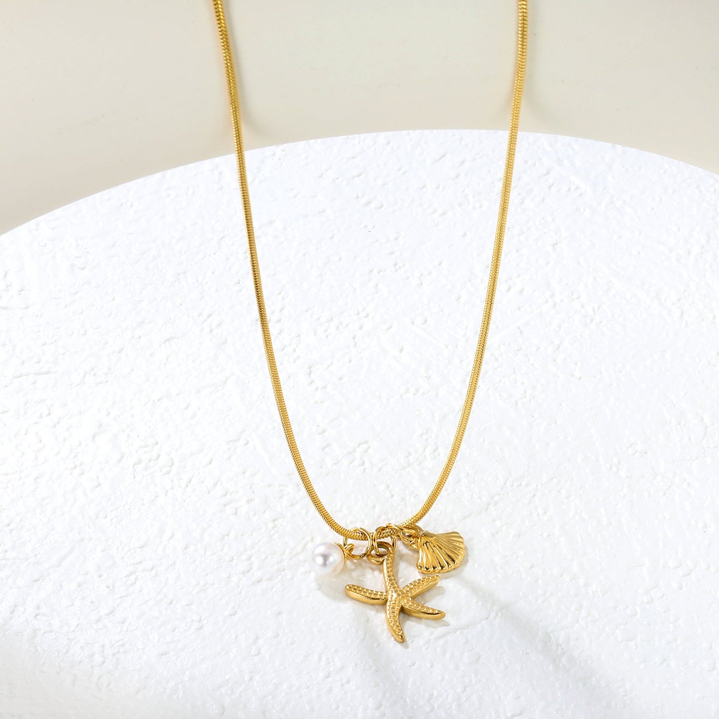 15 x 20.7mm Starfish + 10.1 x 11.4mm Shell + 5.6mm Pearl Accessories 1.2mm Round Snake Chain 40+5cm+6mm Necklace Gold asonjewelry
