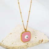 Welded 4mm circle + 16.5mm square green/white eyeball white/black/purple/red/blue/pink base oil drop pendant necklace 40+5cm+6mm round plate Gold color