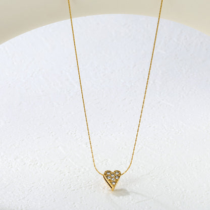 8x9mm heart-shaped hollow pendant with diamonds, 0.3mm cross hammer round chain, 40+5cm+6mm round tag necklace, gold asonjewelry