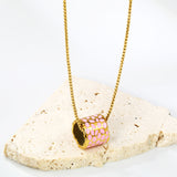 11*12mm hollow cylinder with light curry/pink/blue speckled oil drop pendant necklace 1.2 square pearl chain 40+5cm+6mm round piece gold color