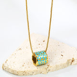 11*12mm hollow cylinder with light curry/pink/blue speckled oil drop pendant necklace 1.2 square pearl chain 40+5cm+6mm round piece gold color