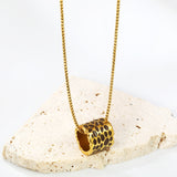 11*12mm hollow cylinder with light curry/pink/blue speckled oil drop pendant necklace 1.2 square pearl chain 40+5cm+6mm round piece gold color